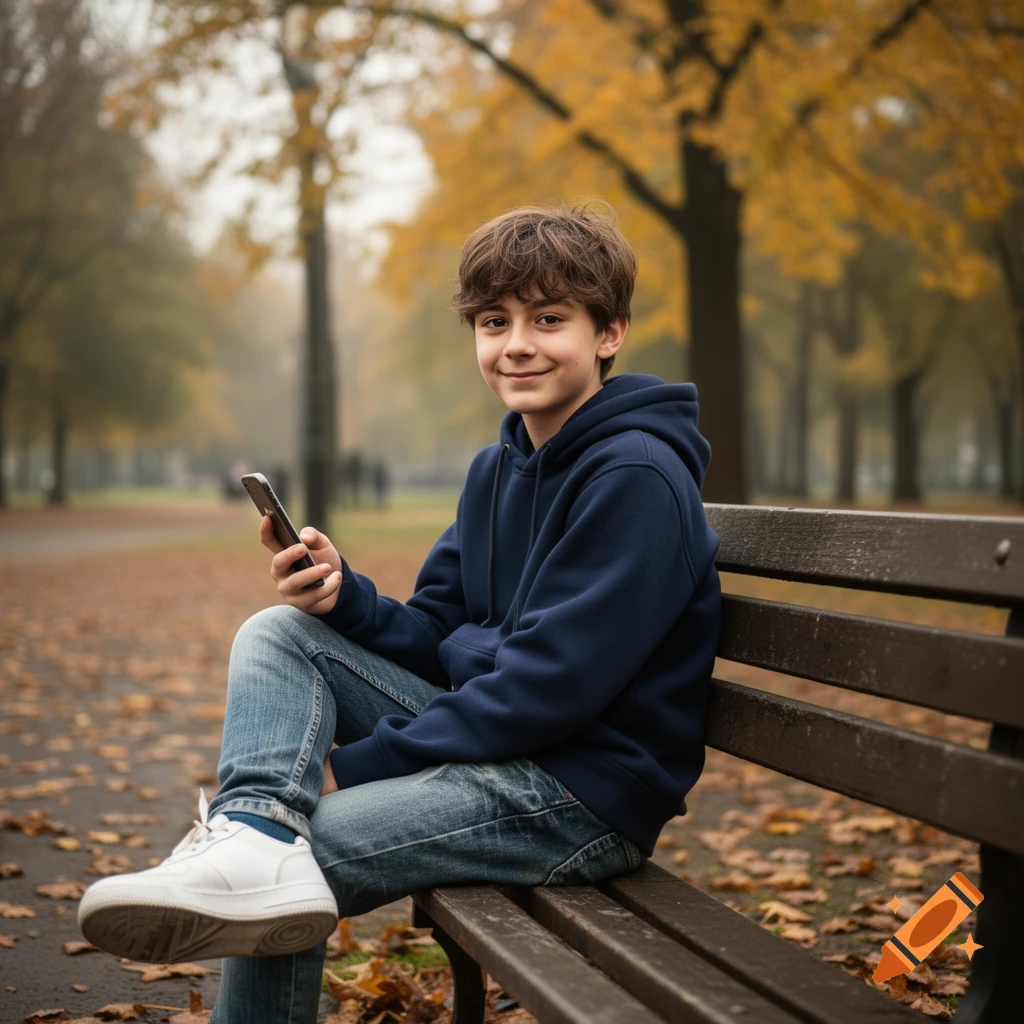 Young boy with brown hair smiles, sitting on a park bench holding a phone, surrounded by autumn leaves in a park. Photorealistic.