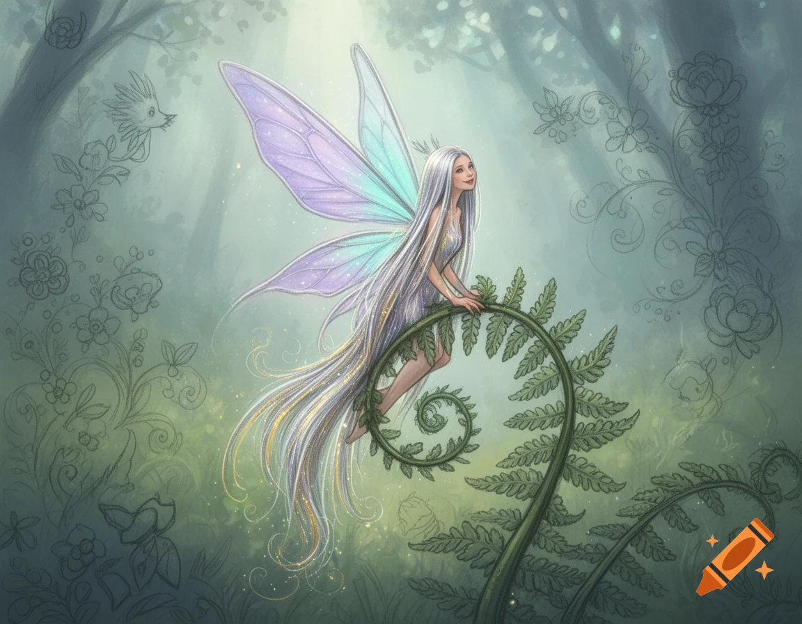 A white-haired fairy with iridescent wings sits on a large fern frond in a fantastical sketched forest, looking up.