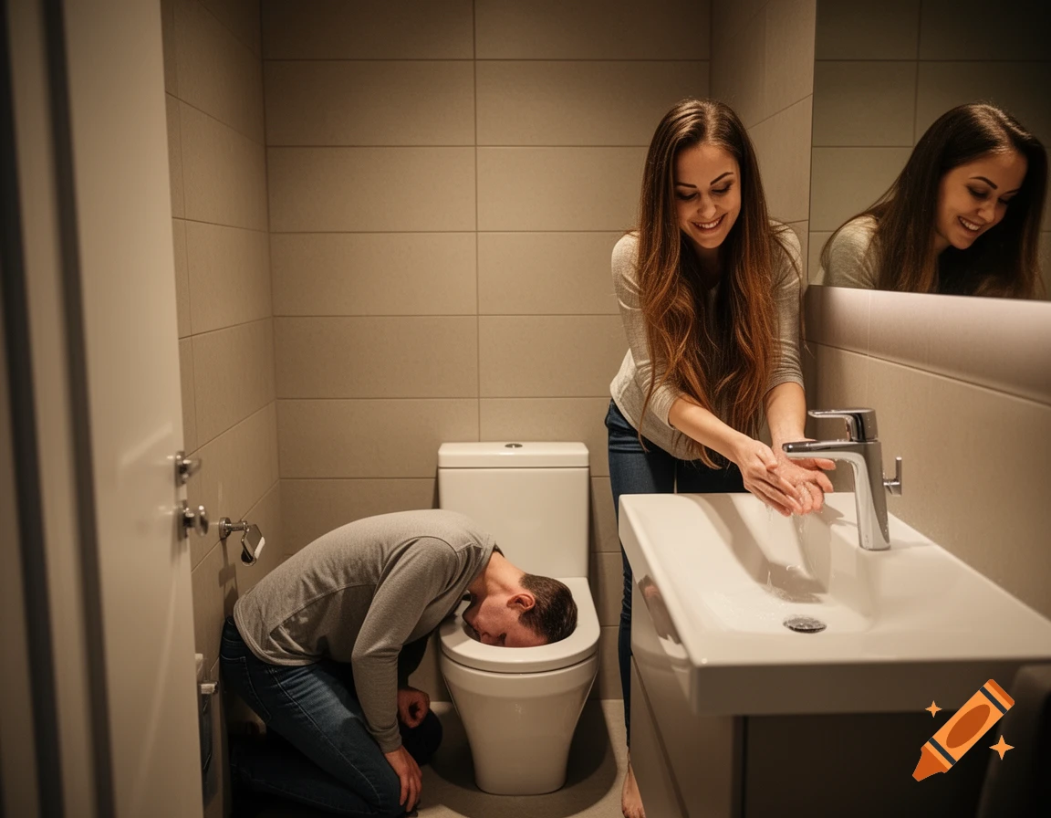 A man kneels with his head in a toilet while a woman smiles and washes her hands in a modern bathroom.