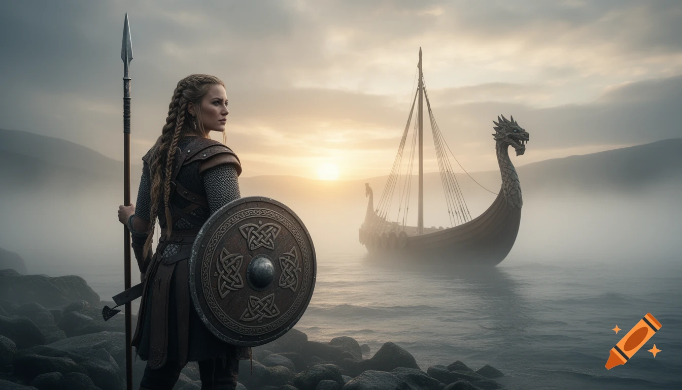 A photorealistic Viking shieldmaiden with a spear and shield on a rocky shore, looking towards a longship in misty sea at sunrise.