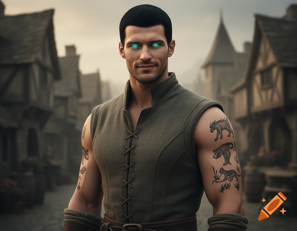 A powerful man with glowing turquoise eyes and animal tattoos on his bare arms stands in a medieval village, wearing a sleeveless tunic.