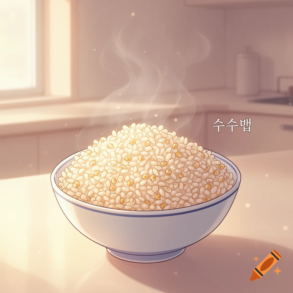 An anime illustration of a steaming bowl of sorghum rice on a kitchen counter, with soft sunlight.