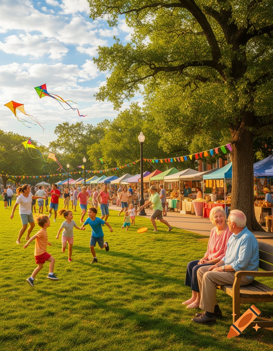 A lively community event in a park, with people of all ages enjoying themselves, kites flying, and market stalls in the background.