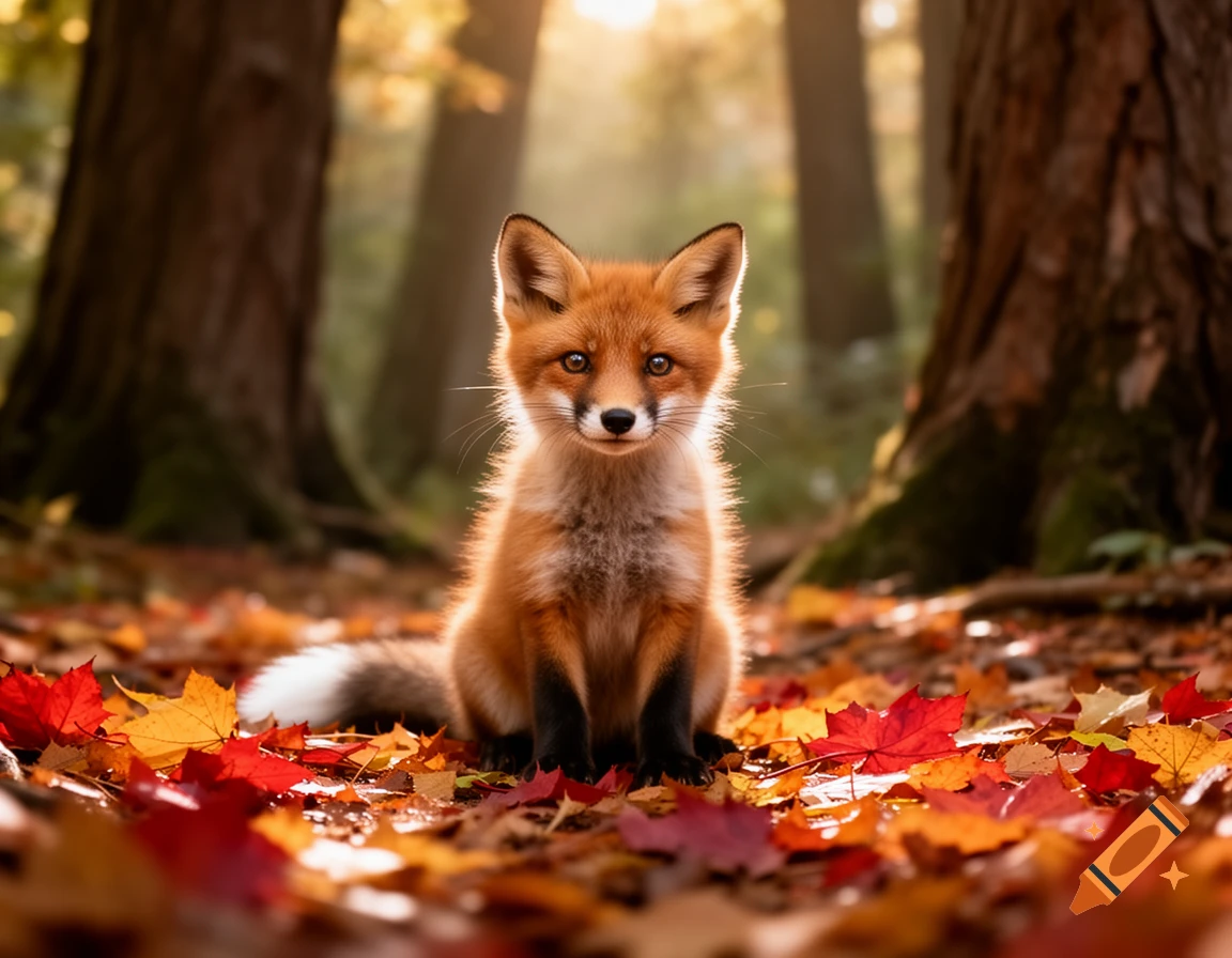 Photorealistic red fox cub sitting among vibrant autumn leaves in a sunlit forest.