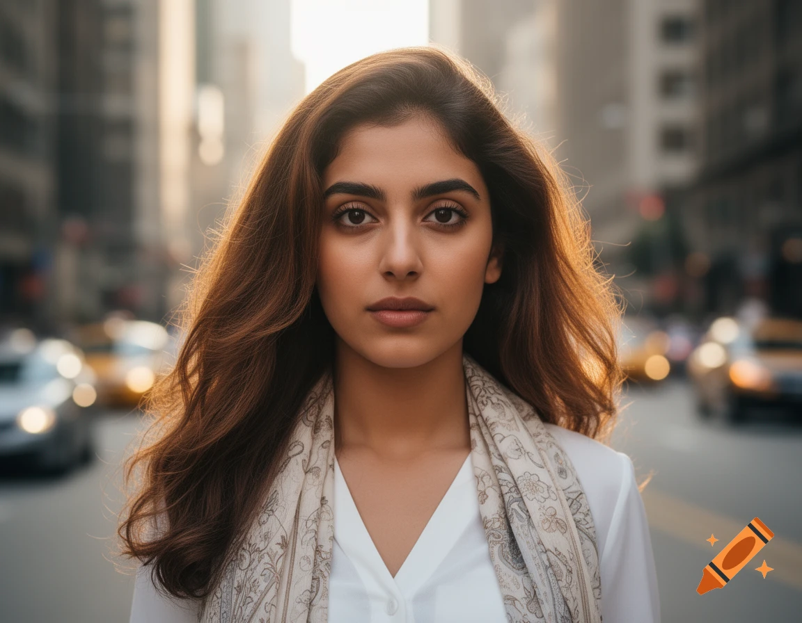 A photorealistic portrait of a young woman with long brown hair, wearing a white shirt and patterned scarf, standing on a city street.