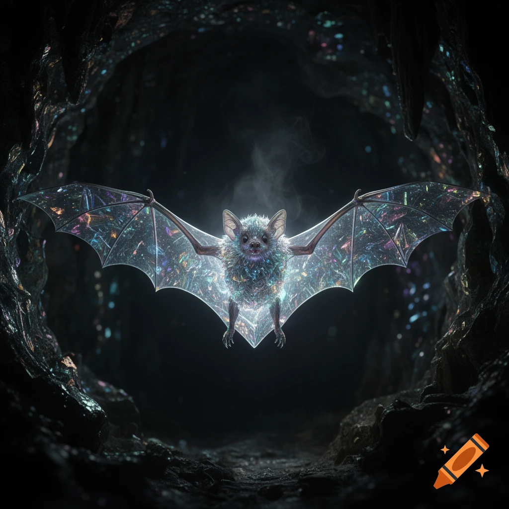 A luminous, iridescent bat with spread wings hovers in a dark, sparkling cave.
