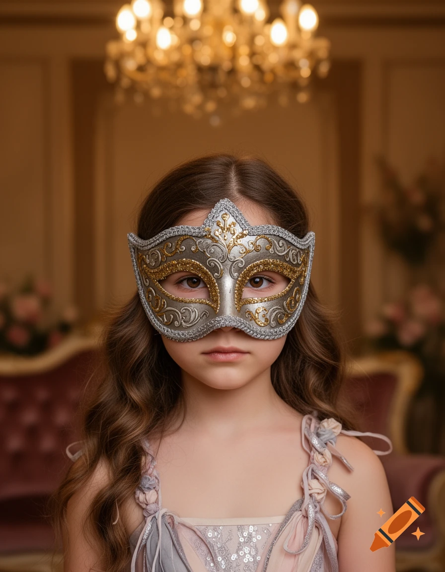 A young girl in an ornate silver and gold masquerade mask gazes forward, in an opulent room with a blurred chandelier.