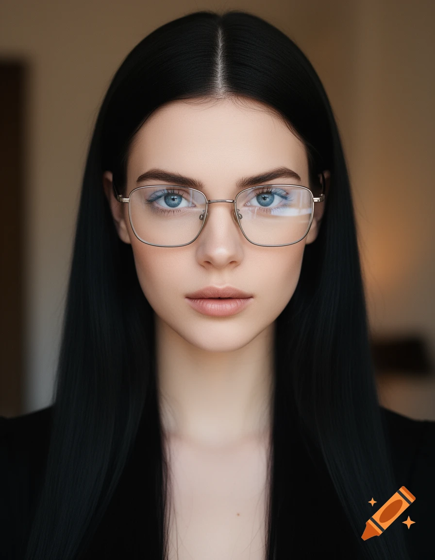 Close-up portrait of a woman with long black hair, blue eyes, and rectangular glasses.