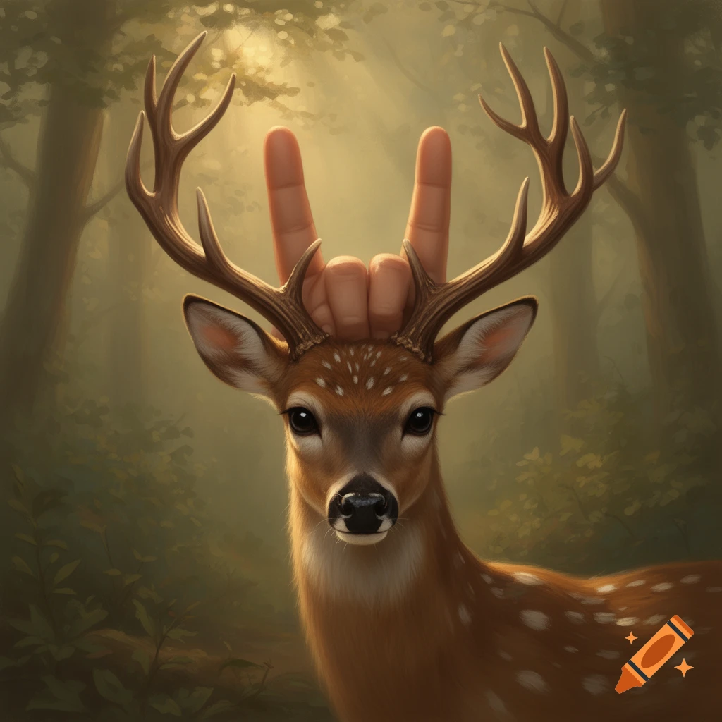 A deer in a forest with antlers formed by a human hand making the 'rock on' gesture.