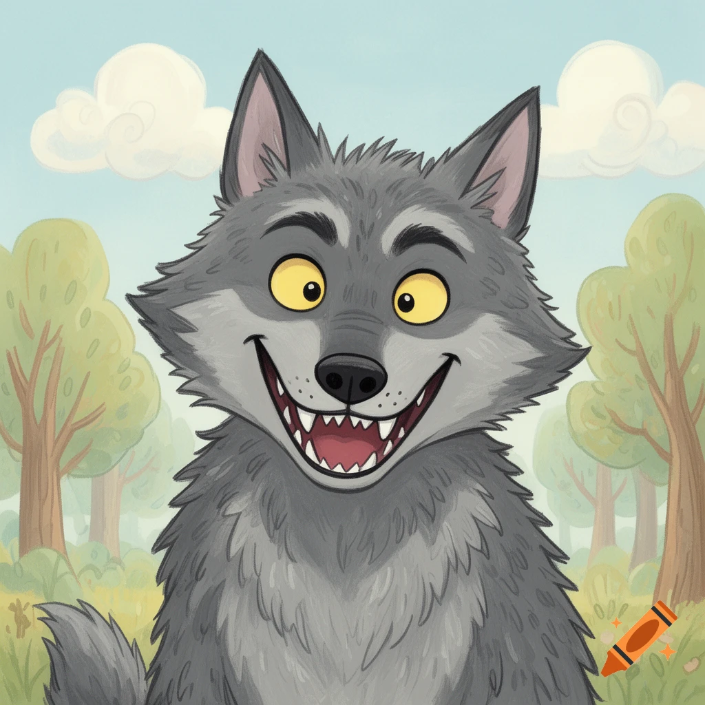 A cartoon grey wolf with yellow eyes and a mischievous grin stands in a sunny forest.
