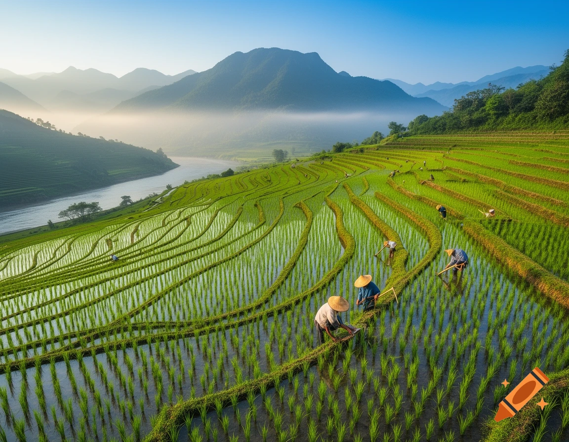 Lush green terraced rice fields with farmers working, a river, and misty mountains under a clear sky.