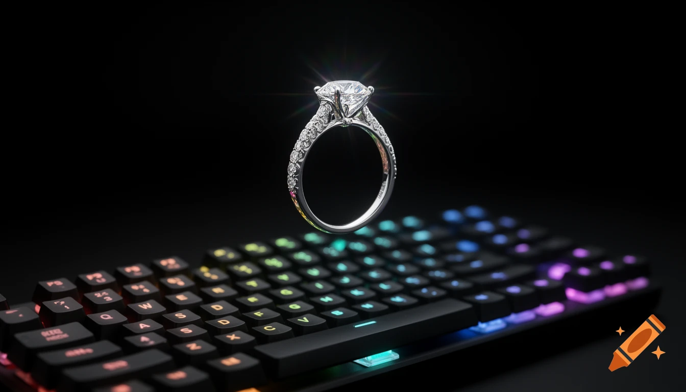 A sparkling diamond wedding ring hovers above a black mechanical keyboard with colorful RGB backlighting, against a deep black background.