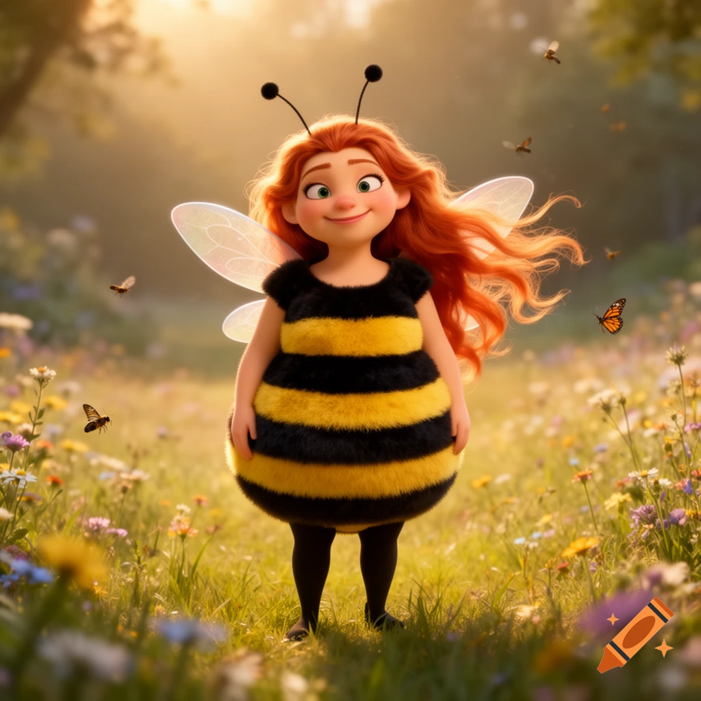 A smiling cartoon girl with red hair and bee antennae wears a fluffy black and yellow bee costume with clear wings in a sunny flower field.