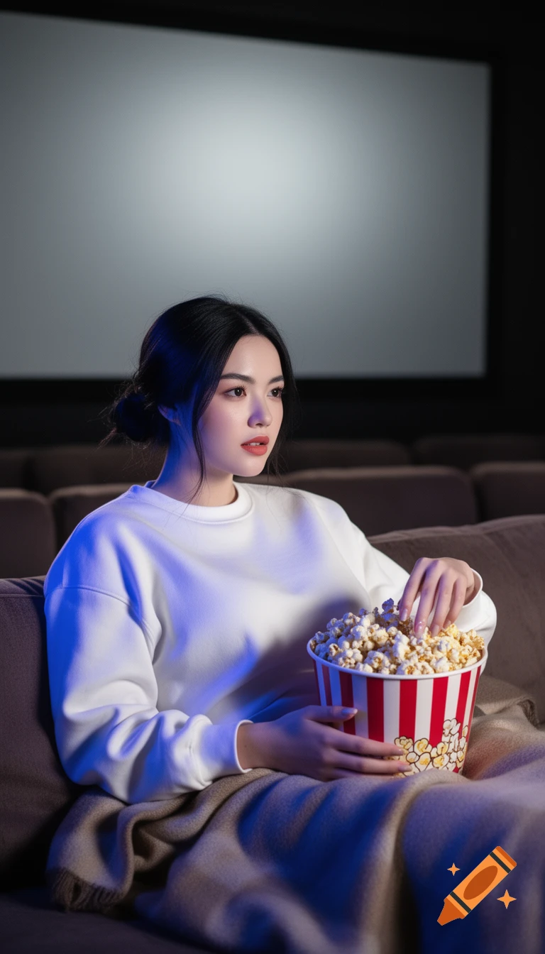 Young woman in a white sweatshirt eats popcorn while watching a movie in a dark private cinema. Photorealistic.