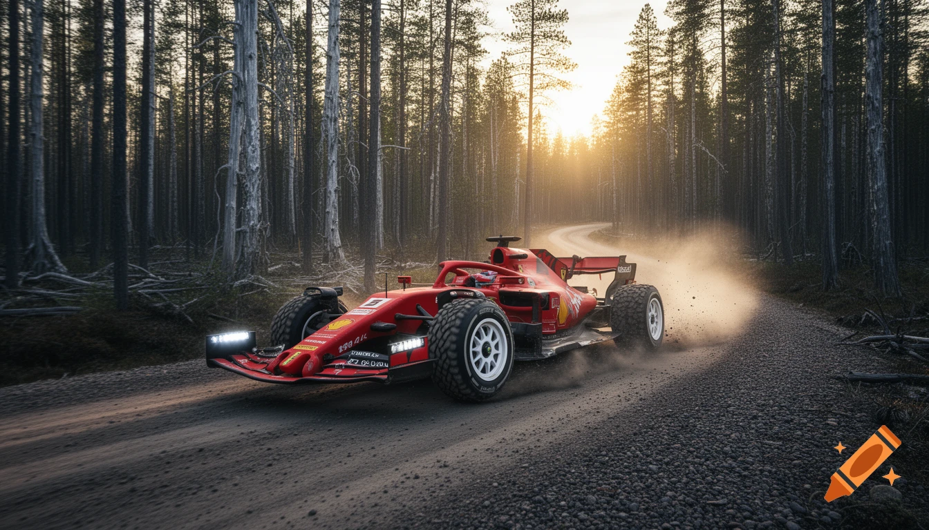 A red Ferrari F1 rally car drifts on a dusty gravel track through a dense forest at sunset, photorealistic.