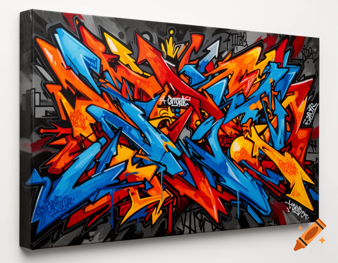A dynamic graffiti art canvas featuring sharp, interlocking shapes in vibrant blue, orange, red, and yellow on a dark gray background.