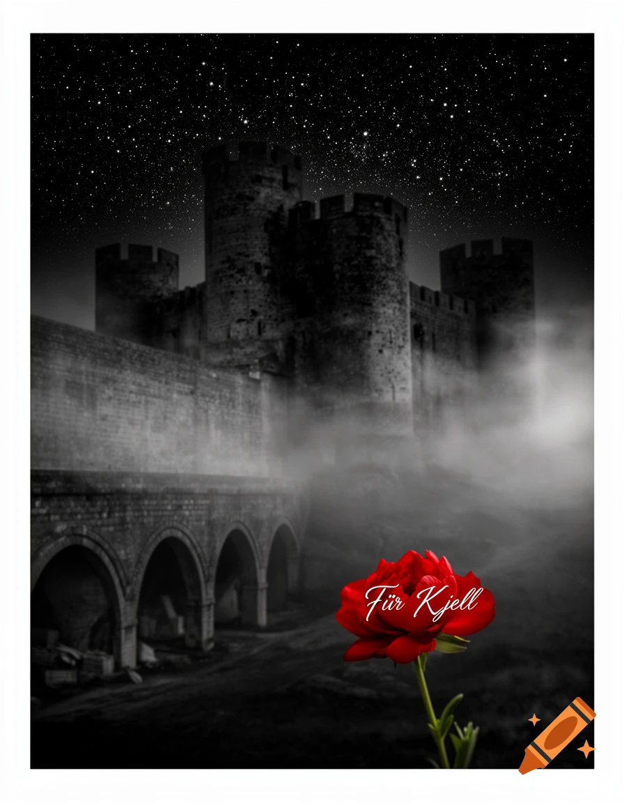 A mysterious black and white castle in fog under a starry night sky, with a vibrant red rose in the foreground, reading 'Für Kjell'.