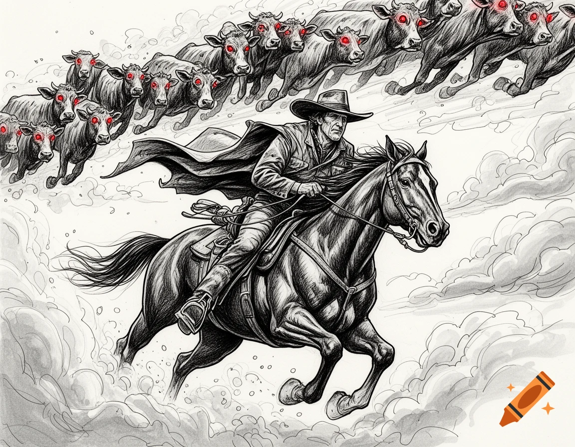 A cowboy on a horse chases red-eyed cows through the sky in a dynamic black and white marker sketch.