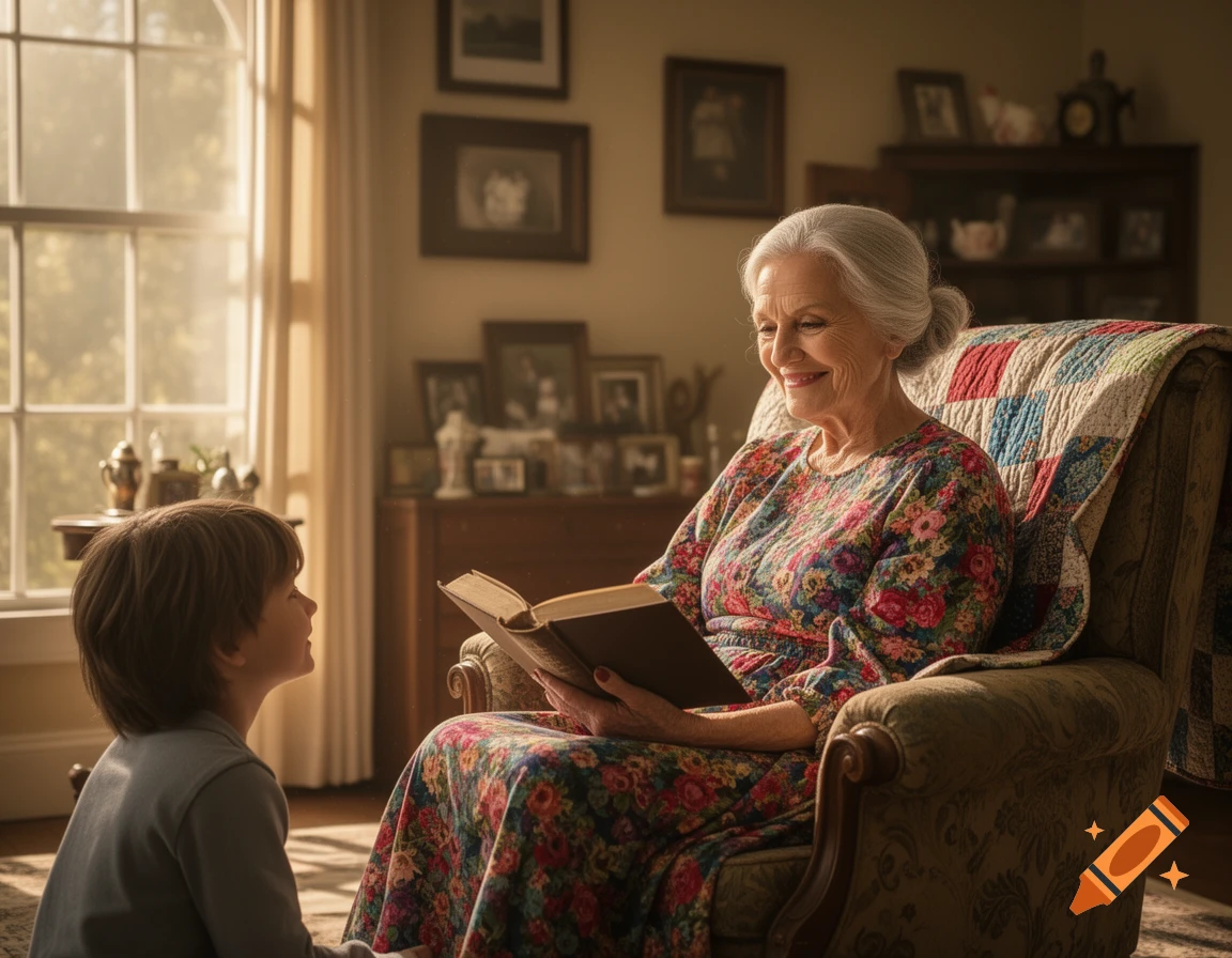 An elderly woman with gray hair sits in an armchair, smiling as she reads a book to a young boy kneeling beside her in a sunlit room.
