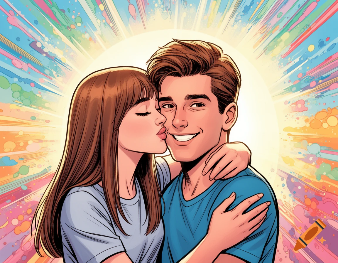 A comic book illustration of a brown-haired girl kissing a brown-haired boy on the cheek, with a colorful, radiating background.