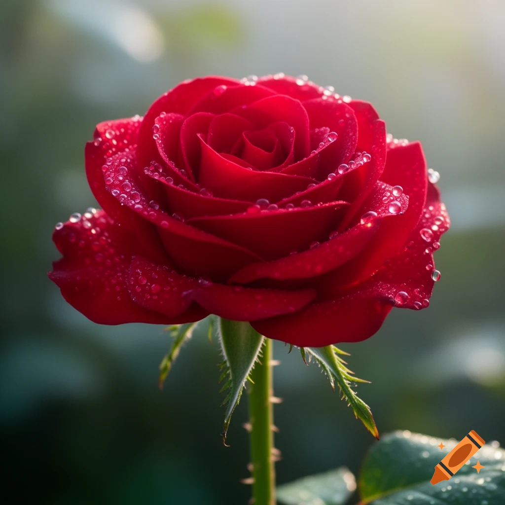 A vibrant red rose covered in dew drops, blooming in soft morning light with a blurred green background.