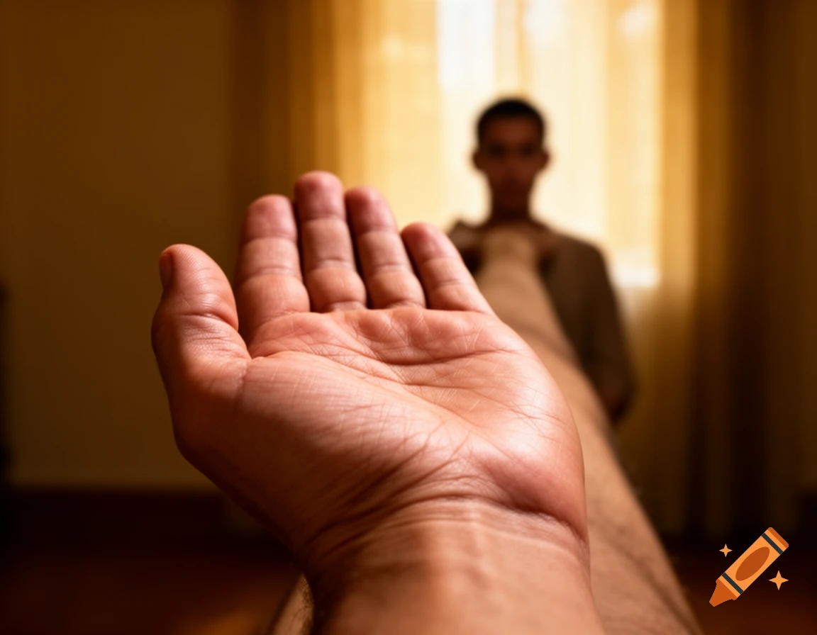 First-person view of an open hand reaching out, with a blurred person in the background.