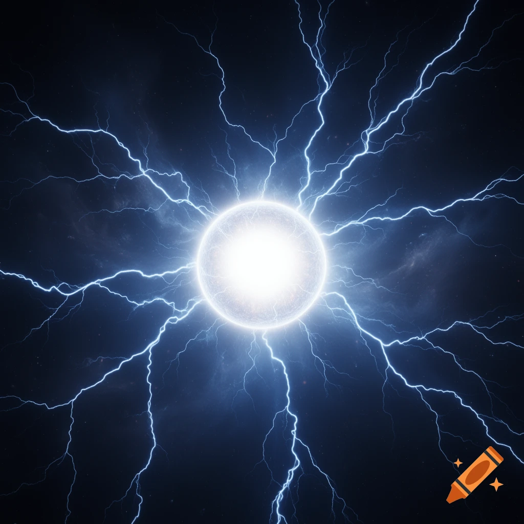 Bright glowing orb with numerous blue lightning bolts radiating outwards against a dark background.