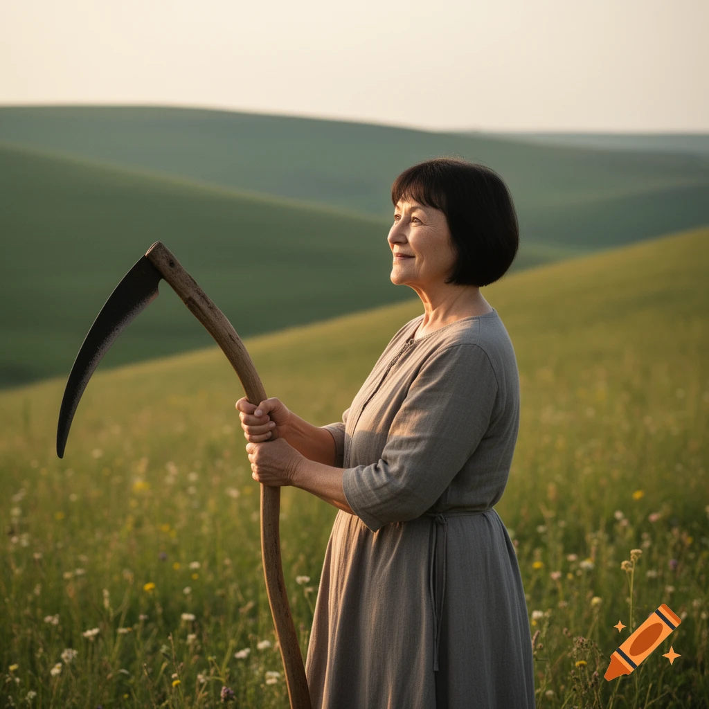 A smiling older woman with short dark hair stands in a grassy field at sunset, holding a scythe and looking right.