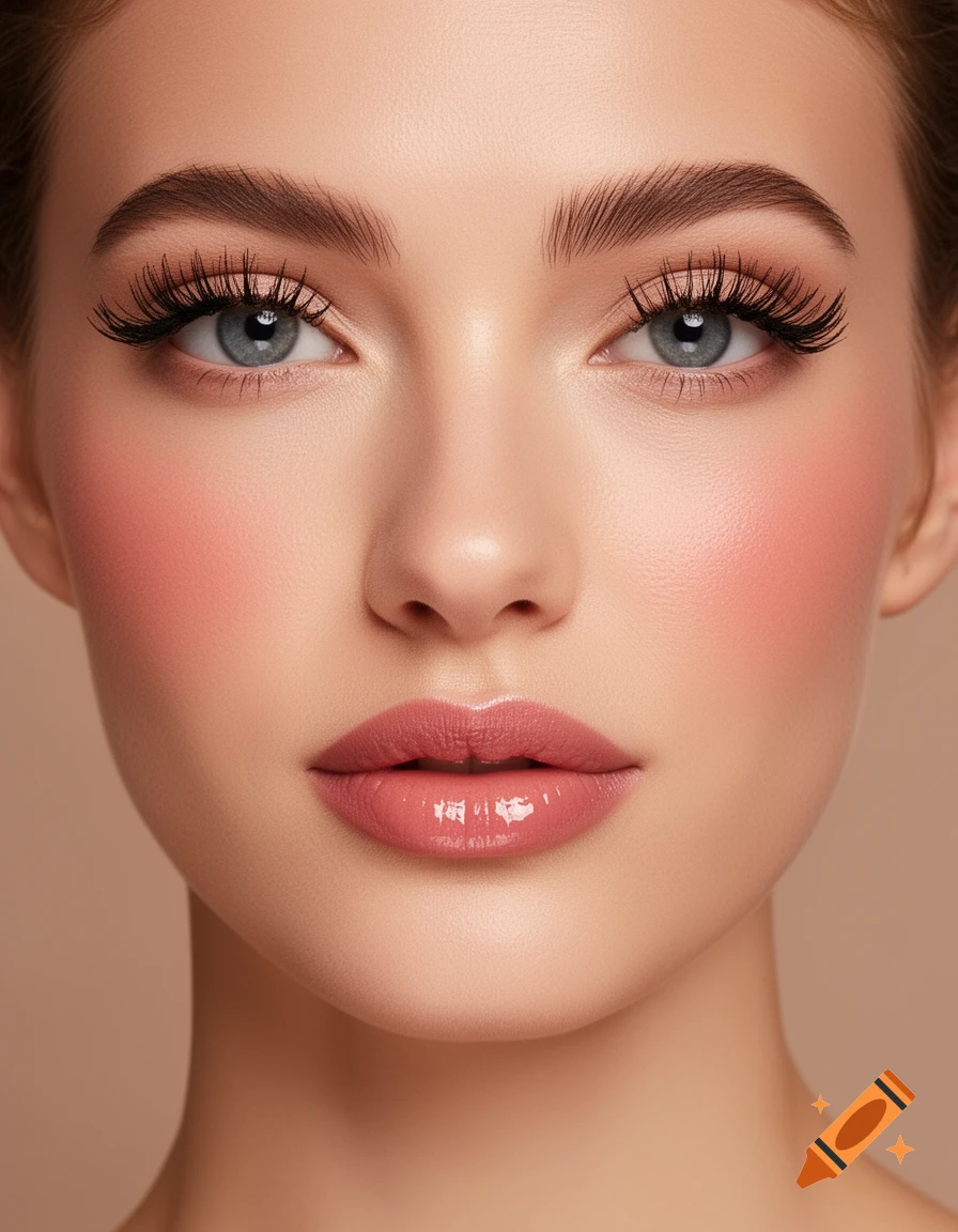 Close-up of a woman's face with dramatic lashes, pink blush, and glossy pink lips.