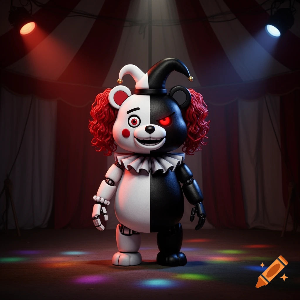 A sinister black and white clown bear with glowing red eyes and red curly hair, wearing a jester hat and ruffle, stands in a circus tent under spotlights.