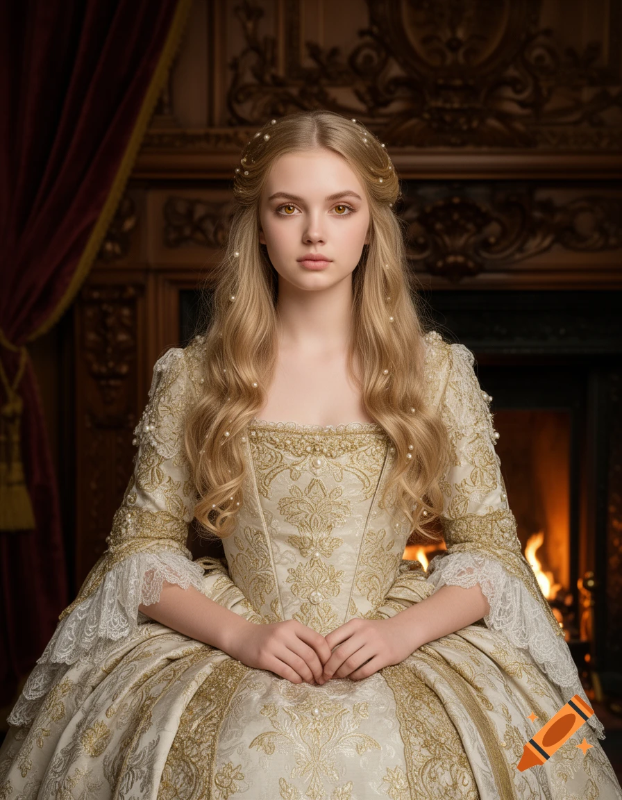 A photorealistic portrait of a young blonde noblewoman with gold eyes in an ornate, pearl-embroidered historical gown, seated by a fireplace.