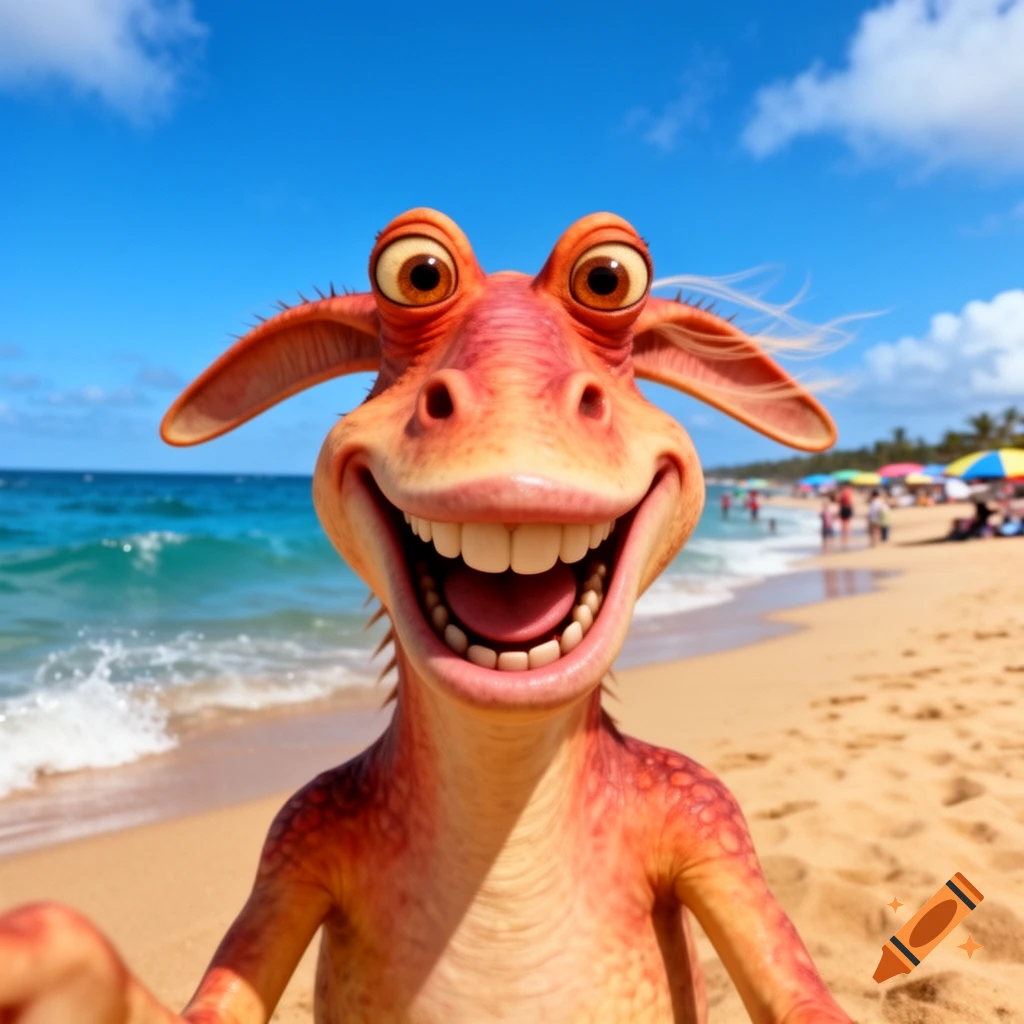 Photorealistic selfie of Jar Jar Binks with a wide grin on a sunny beach, people and umbrellas in the background.