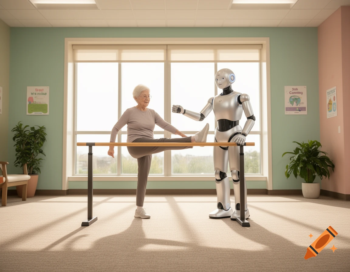 A senior woman in a light-filled room exercises at a ballet barre with a companion humanoid robot assisting her, set in a community activity room.