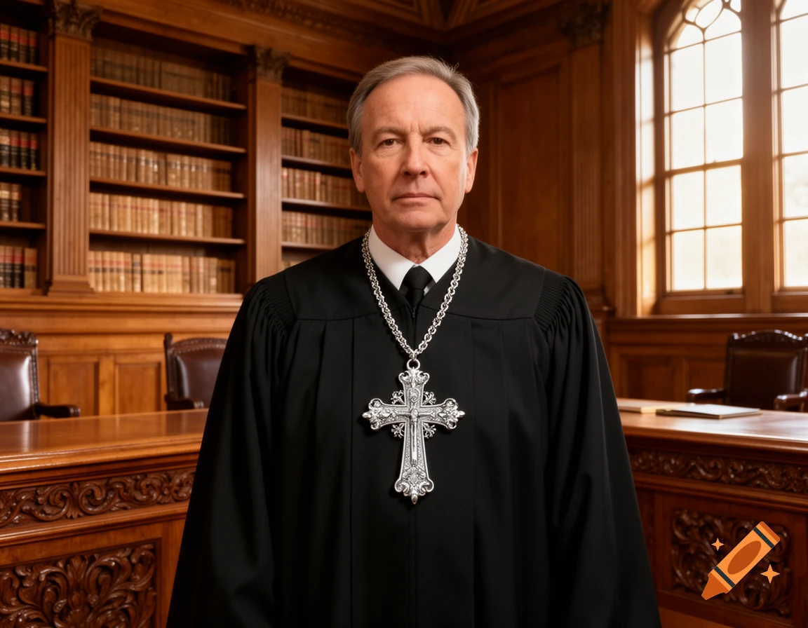 Photorealistic portrait of a serious male judge in a black robe wearing a large silver cross necklace, in a wood-paneled courtroom with bookshelves.