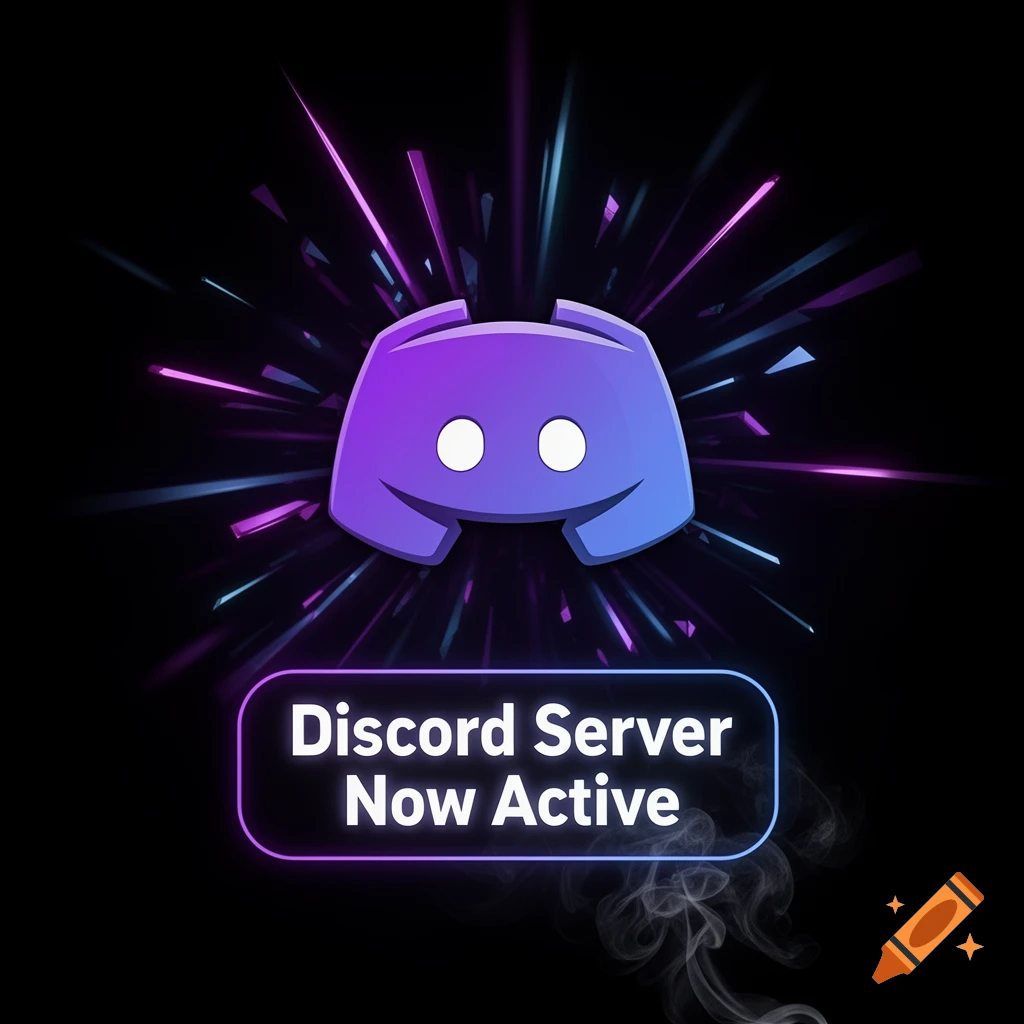 A glowing purple and blue Discord logo with abstract neon light streaks on a black background, above a banner reading 'Discord Server Now Active'.