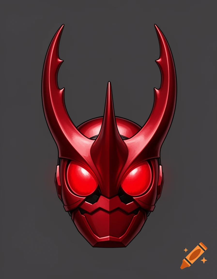 A shiny red Kamen Rider helmet resembling a rhinoceros beetle, with glowing red eyes and prominent horns, against a dark grey background.