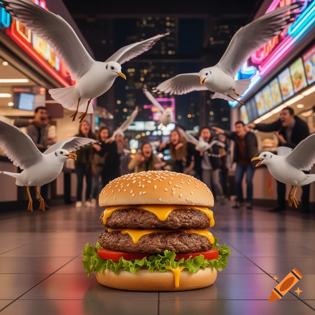 A giant double cheeseburger with lettuce and tomato sits on a city sidewalk at night, surrounded by flying seagulls. People in the blurry background react with surprise or alarm.