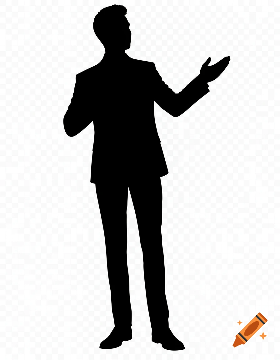 Black silhouette of a man in a business suit, gesturing with an open hand, on a transparent background.
