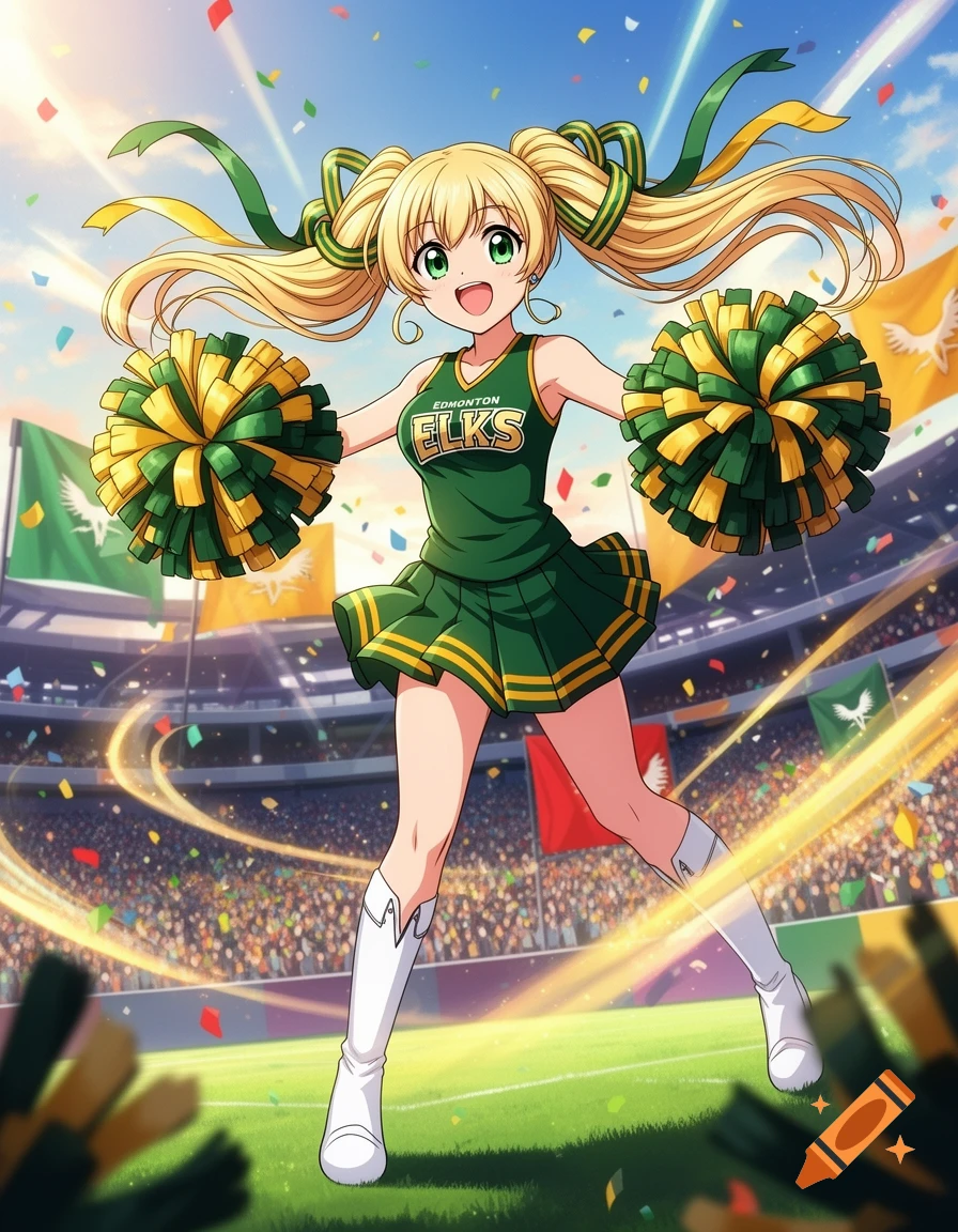 Anime cheerleader with blonde pigtails in a green and gold uniform with 'EDMONTON ELKS' text, holding pom-poms in a stadium.