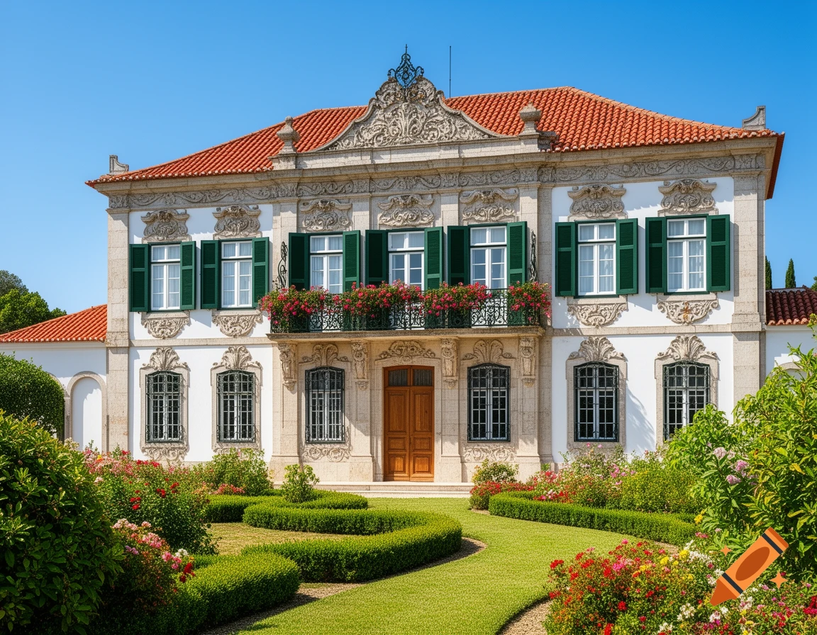 A photorealistic white Portuguese manor house with a red roof, green shutters, and a vibrant garden under a clear blue sky.