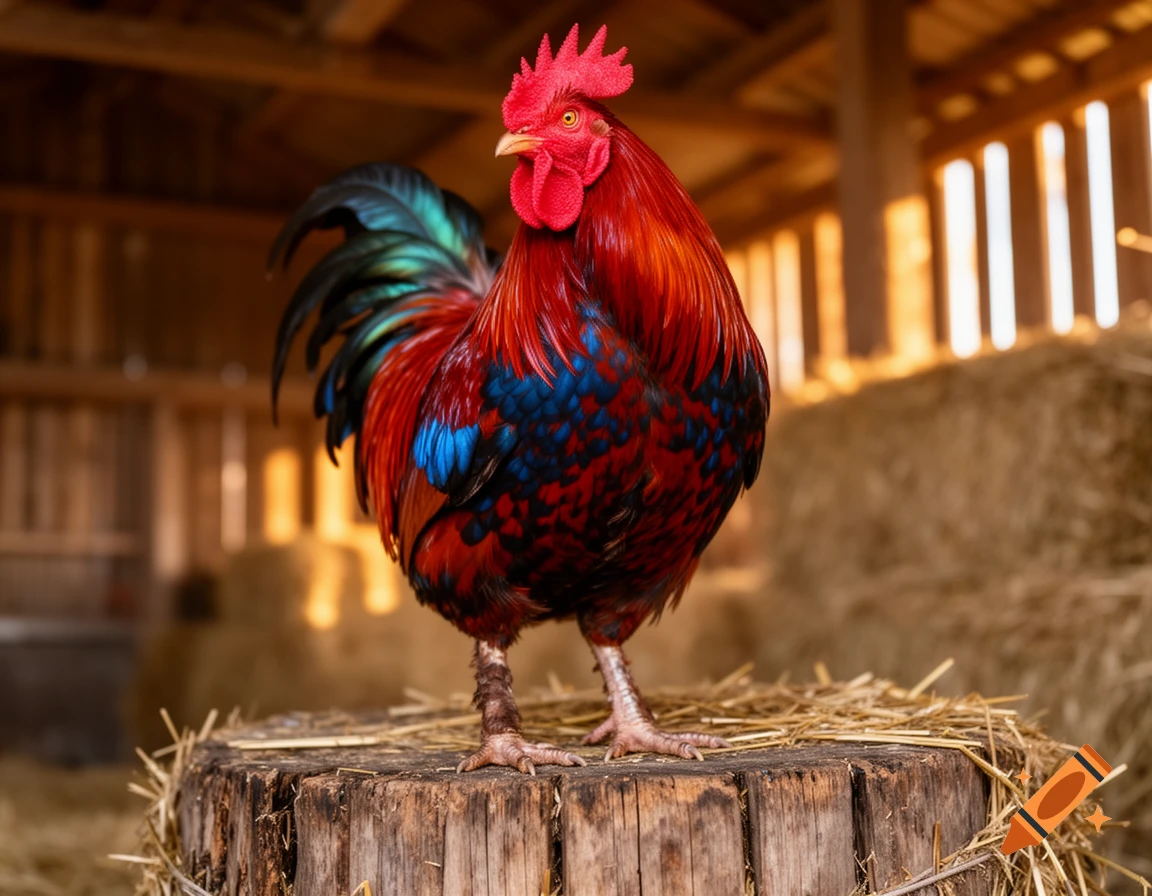 A vibrant rooster with red, blue, and black feathers stands on a wooden stump in a barn, hay bales in the background.