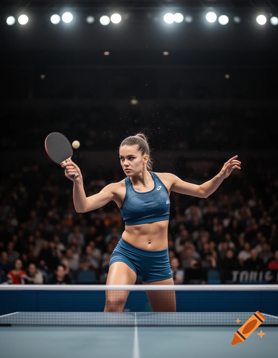 A female table tennis player in a blue athletic outfit hits a ball during a match in a brightly lit arena.