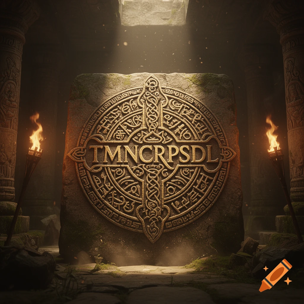 A detailed stone sigil with letters TMNCRPSDL in a dark, ancient ruin illuminated by torches and a light ray from above.