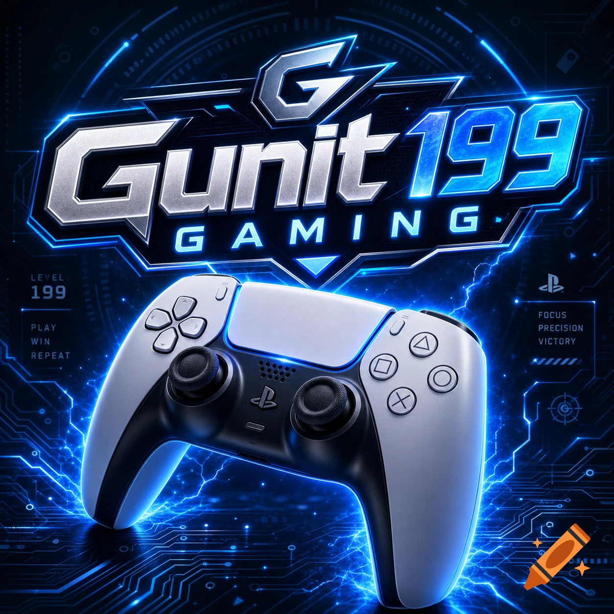 A detailed Gunit 199 Gaming logo with a PS5 controller, set against a futuristic circuit board background with blue neon lights.