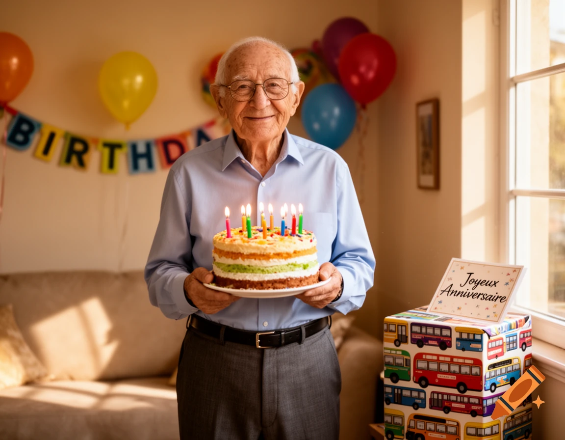 Elderly man smiles, holding a colorful birthday cake with lit candles, in a room decorated with balloons and a birthday banner.