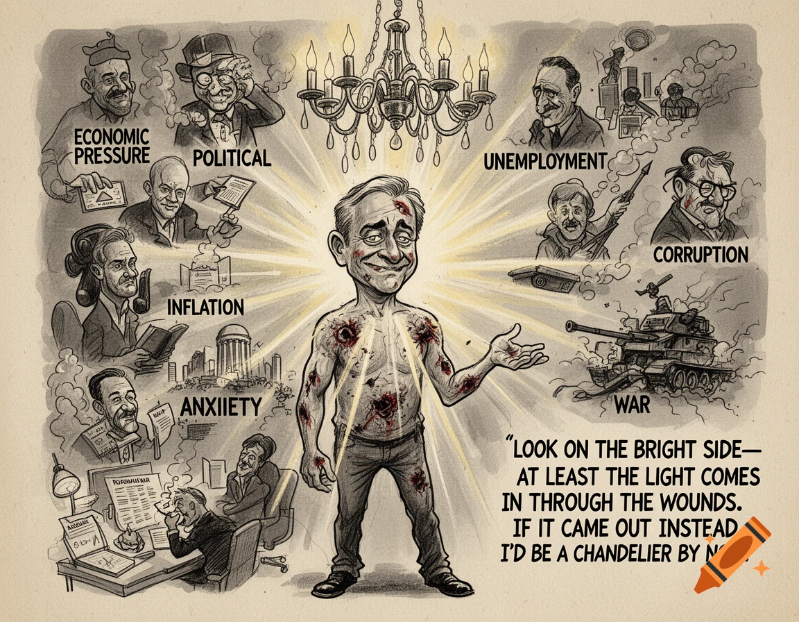 A satirical political cartoon of a wounded man radiating light, surrounded by labeled social problems like war, inflation, and unemployment.
