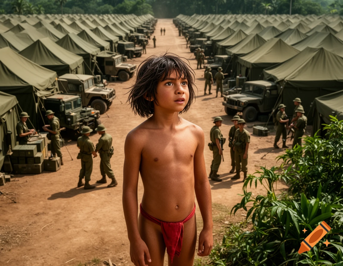 Photorealistic image of a young boy in a red loincloth, resembling Mowgli, standing in a large military camp with tents and soldiers.