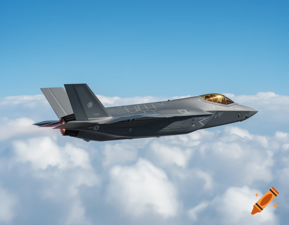 A gray F-35 fighter jet with a glowing exhaust flies through a bright blue sky above white clouds.