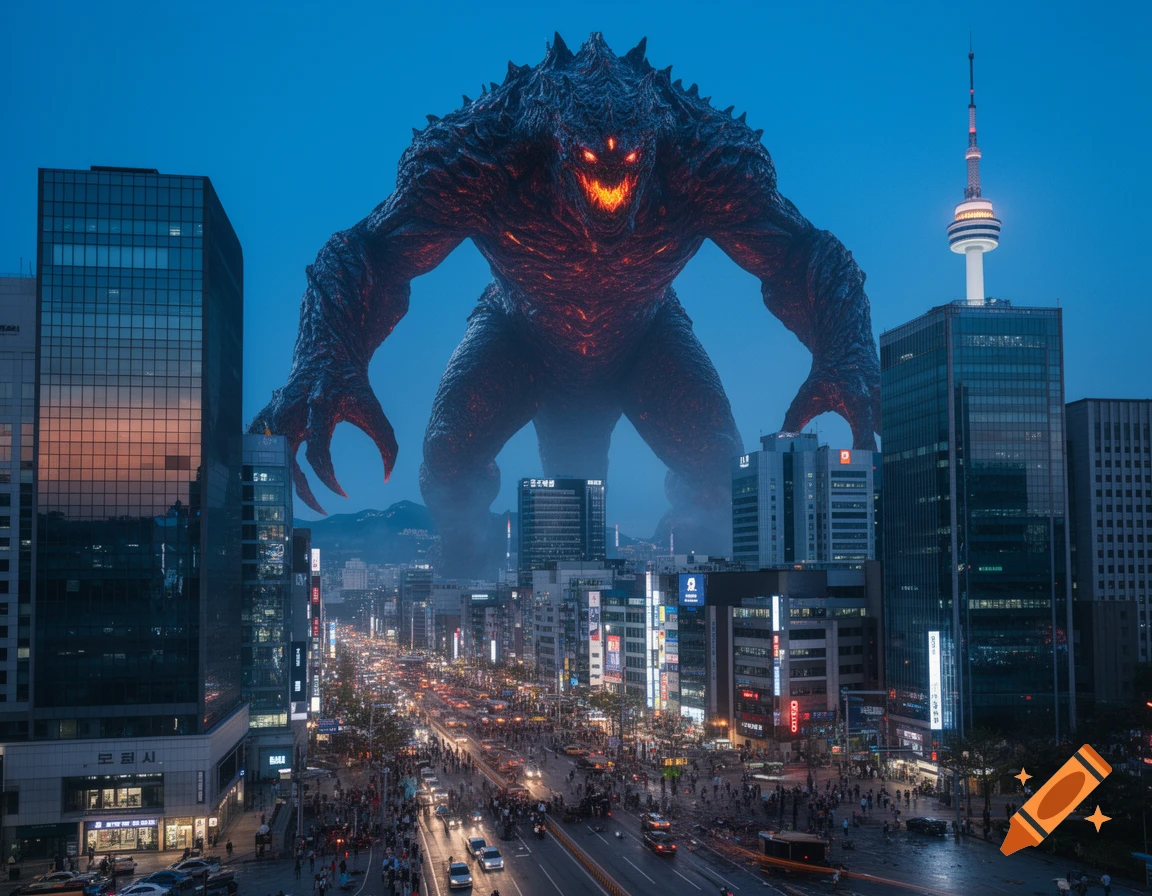 Giant, glowing red monster looms over a bustling Seoul cityscape at dusk, with the Namsan Tower visible.