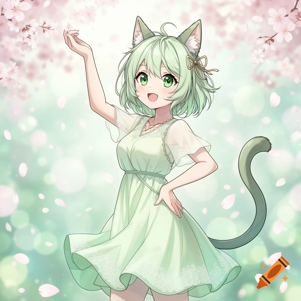 An anime cat girl with green hair and eyes, wearing a light green dress, smiling and raising a hand amidst falling pink cherry blossoms.